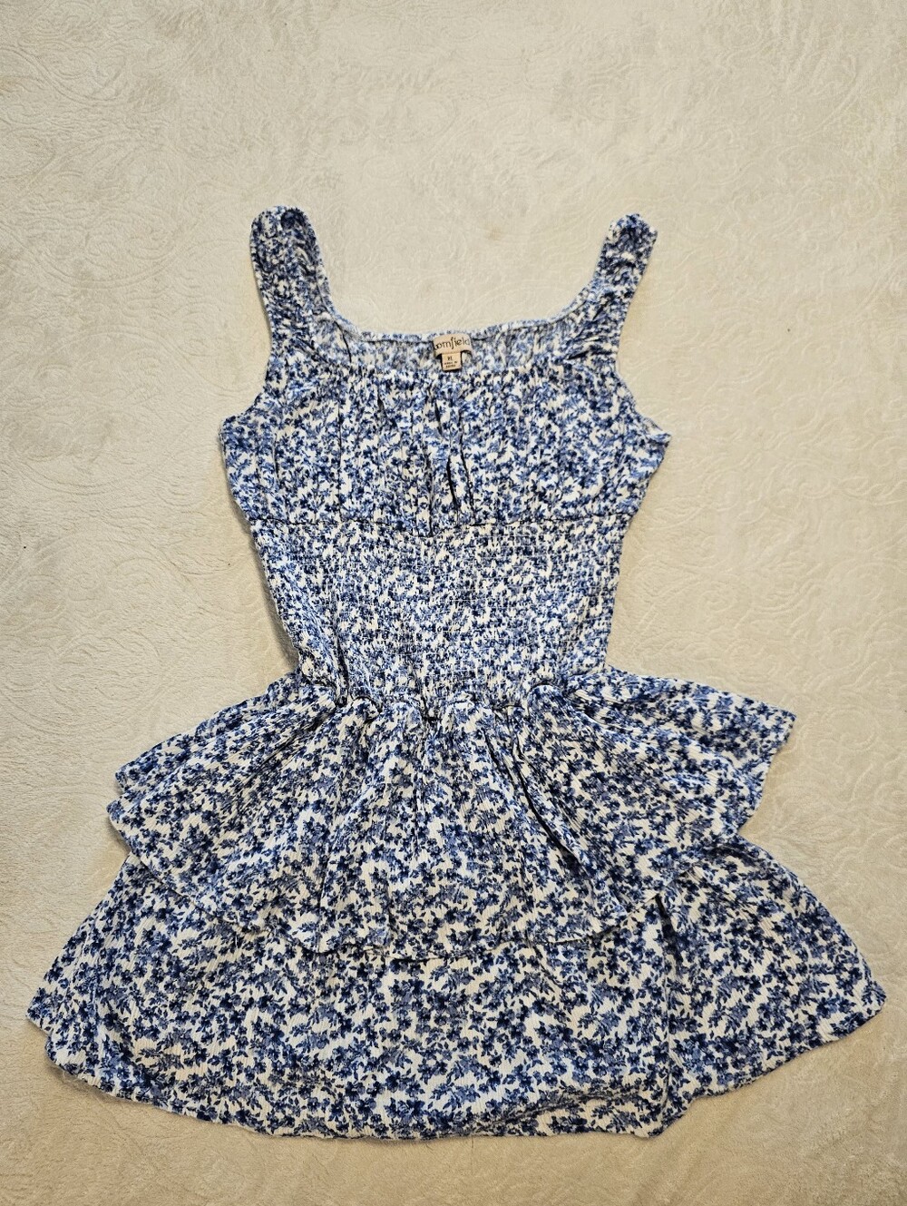 Bloomfield Blue Floral Tiered Mini Dress XL Smocked Cottagecore Boho Sundress